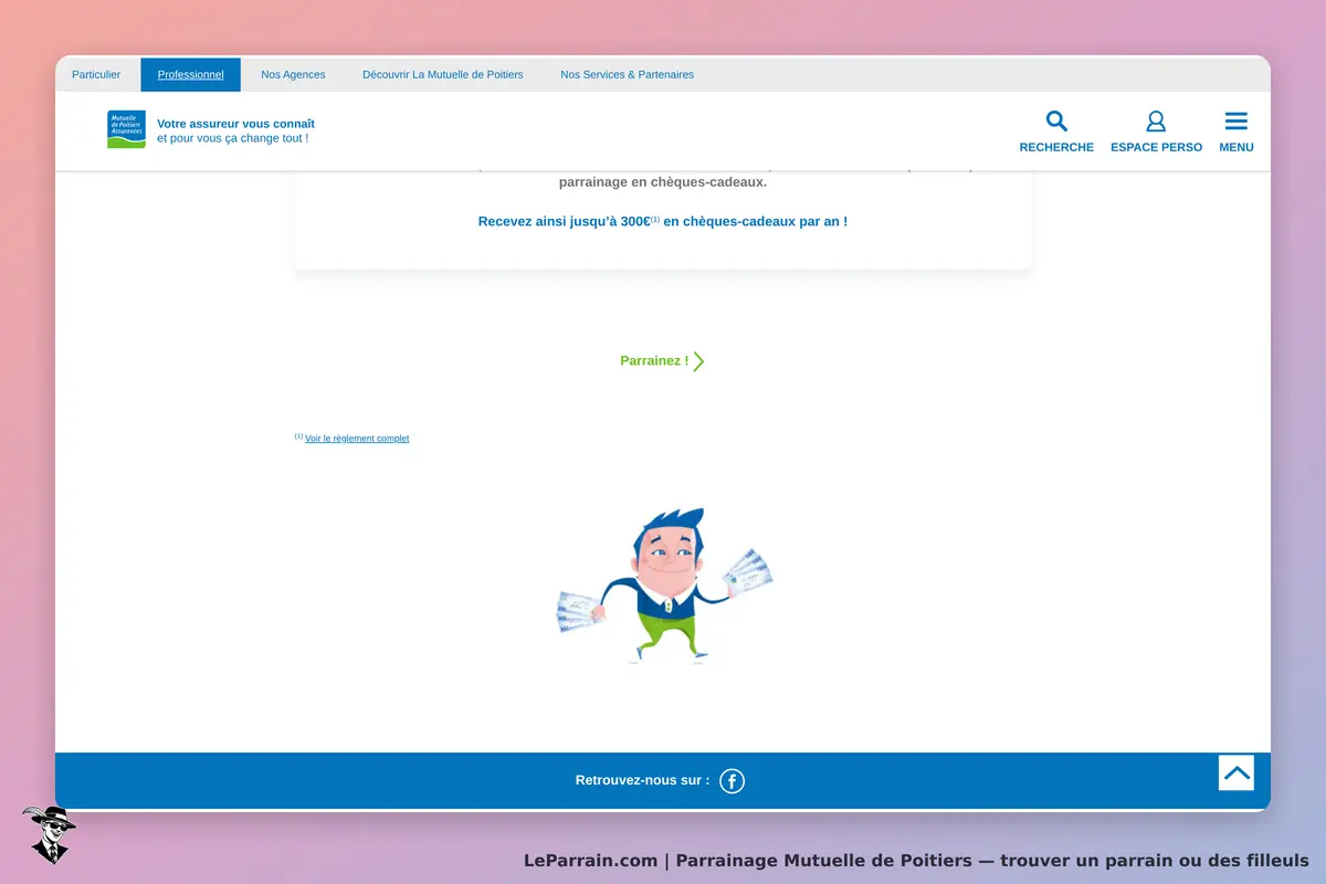 Mutuelle de Poitiers : page d'accueil avec un personnage et un bouton pour parrainer