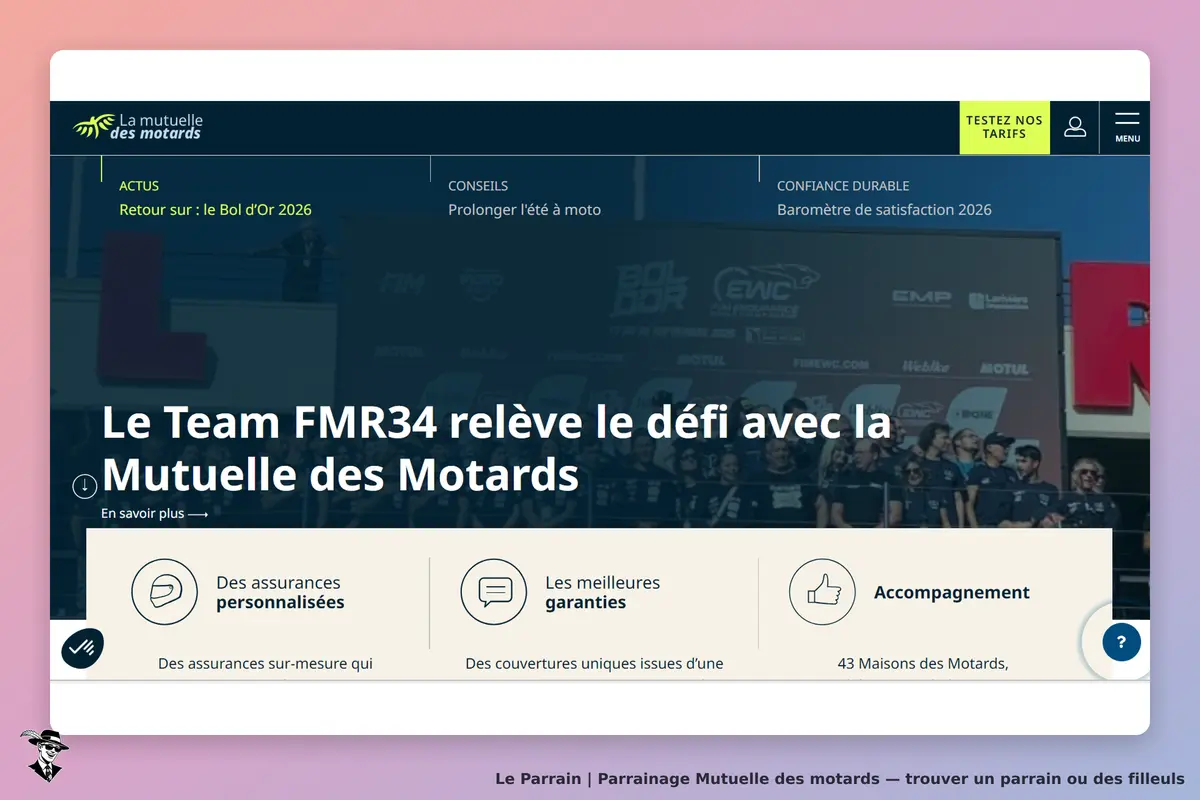 Mutuelle des motards : page d'accueil avec une équipe de motards et des services d'assurance