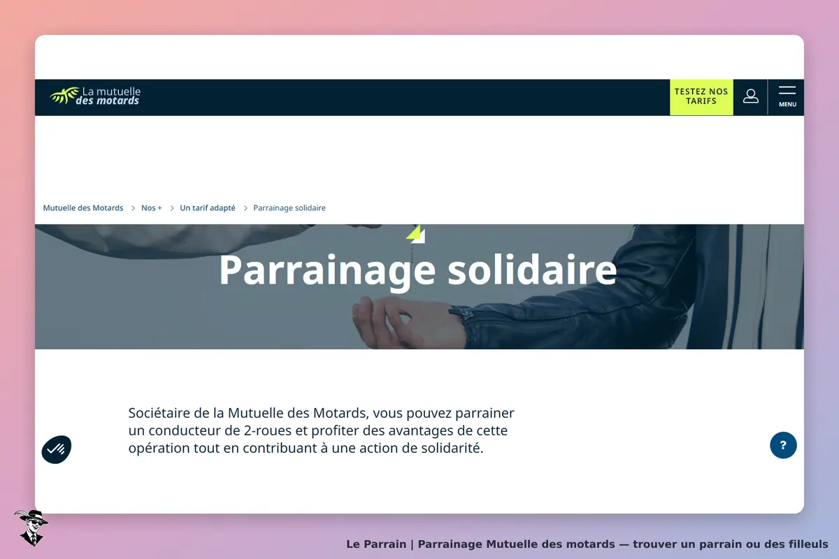 Mutuelle des Motards : page d'accueil présentant le parrainage solidaire avec des mains qui se