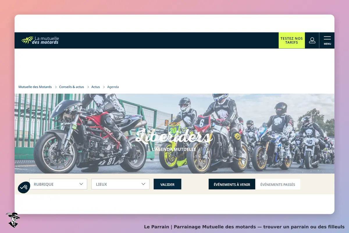 Mutuelle des motards : page d'accueil avec motos en compétition et menu de navigation en haut