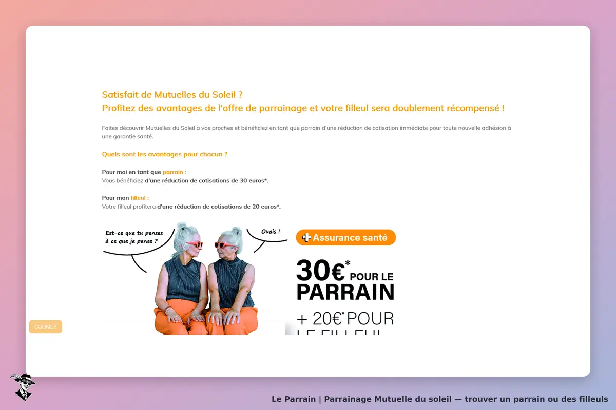 Mutuelle du soleil : page d'accueil avec informations sur le parrainage et images de deux femmes