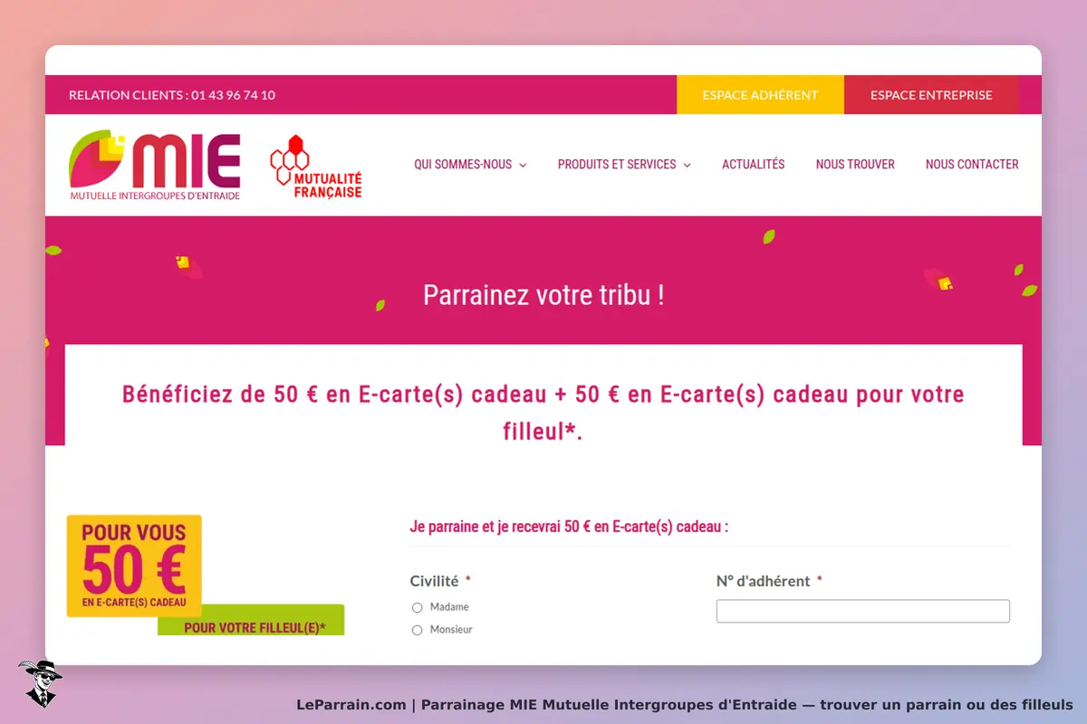 MIE Mutuelle Intergroupes d'Entraide : mIE : page d'accueil avec formulaire de parrainage et