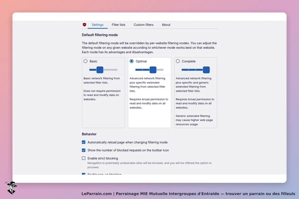 MIE Mutuelle Intergroupes d'Entraide : mIE : paramètres de filtrage par défaut avec options de