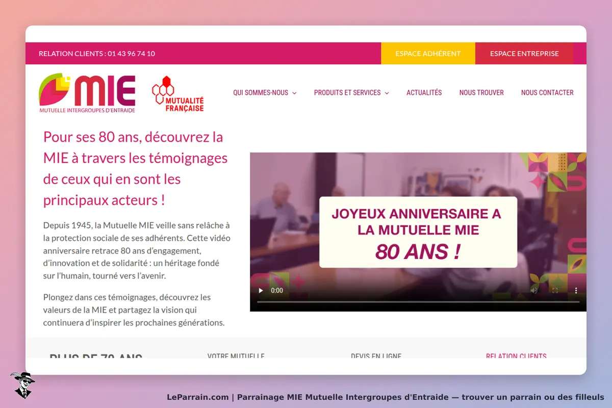 MIE Mutuelle Intergroupes d'Entraide : mIE : page d'accueil avec un message d'anniversaire et une