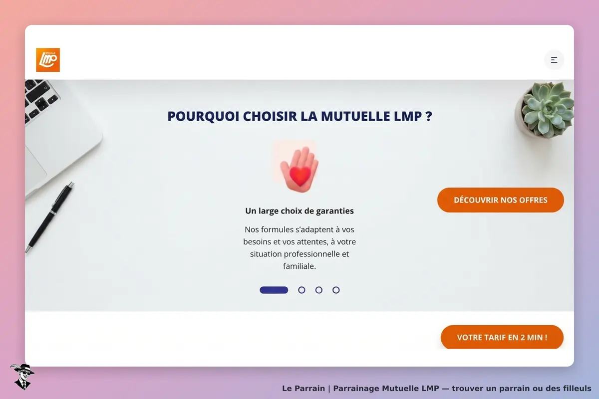 Mutuelle LMP : page d'accueil avec titre, texte explicatif et boutons d'action visibles