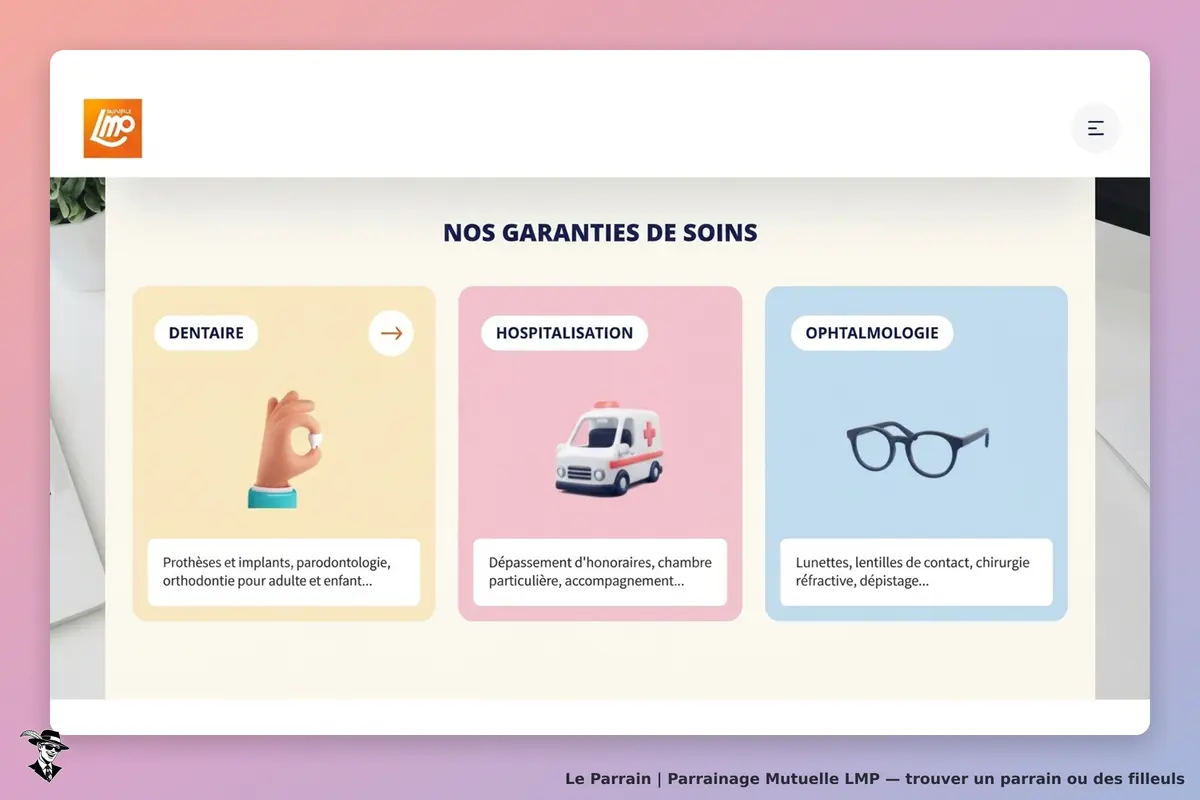 Mutuelle LMP : trois catégories de soins avec des icônes pour dentaire, hospitalisation et