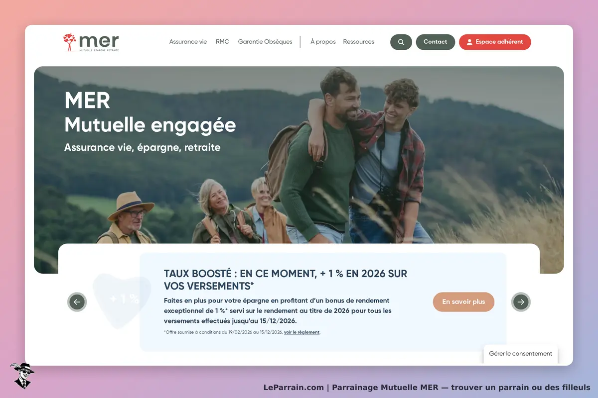 Mutuelle MER : page d'accueil avec un visuel de famille en pleine nature et des options de services