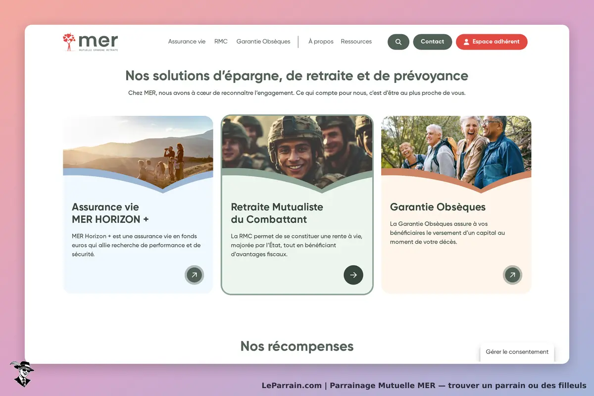 Mutuelle MER : page d'accueil présentant des solutions d'épargne et de prévoyance