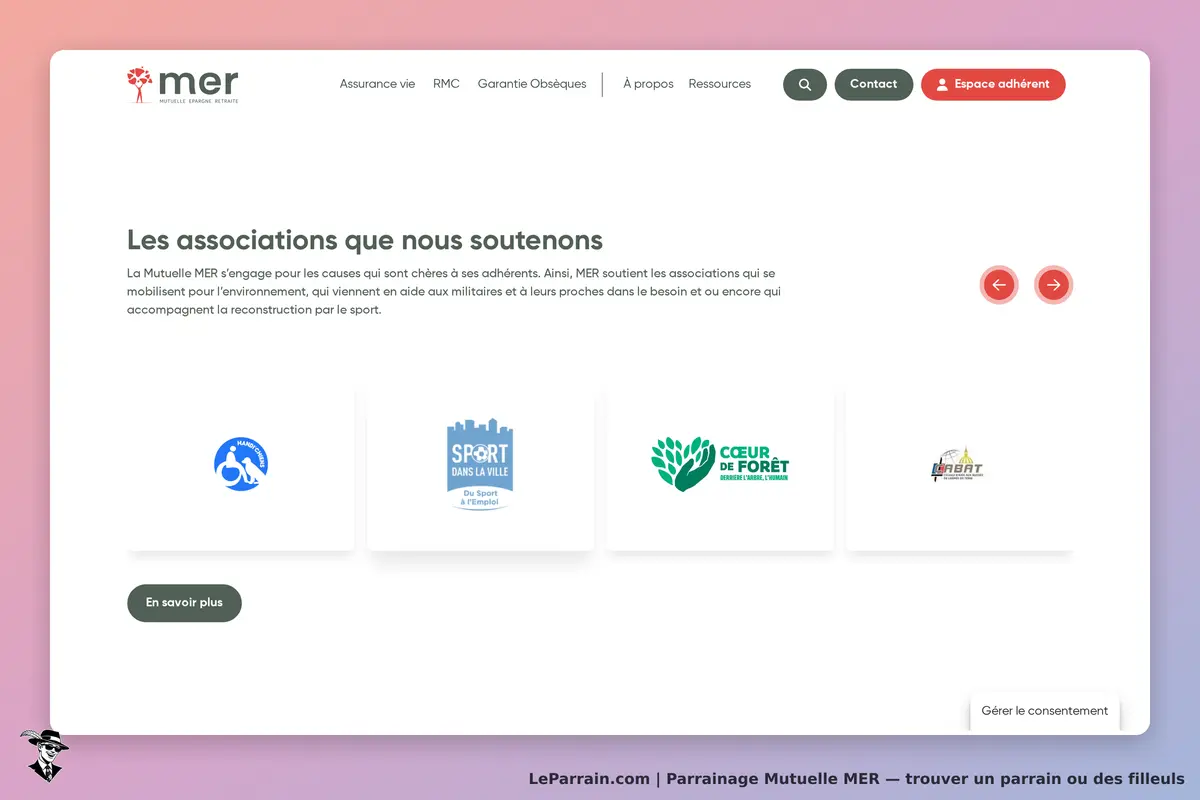 Mutuelle MER : page d'accueil affichant les associations soutenues avec leurs logos respectifs