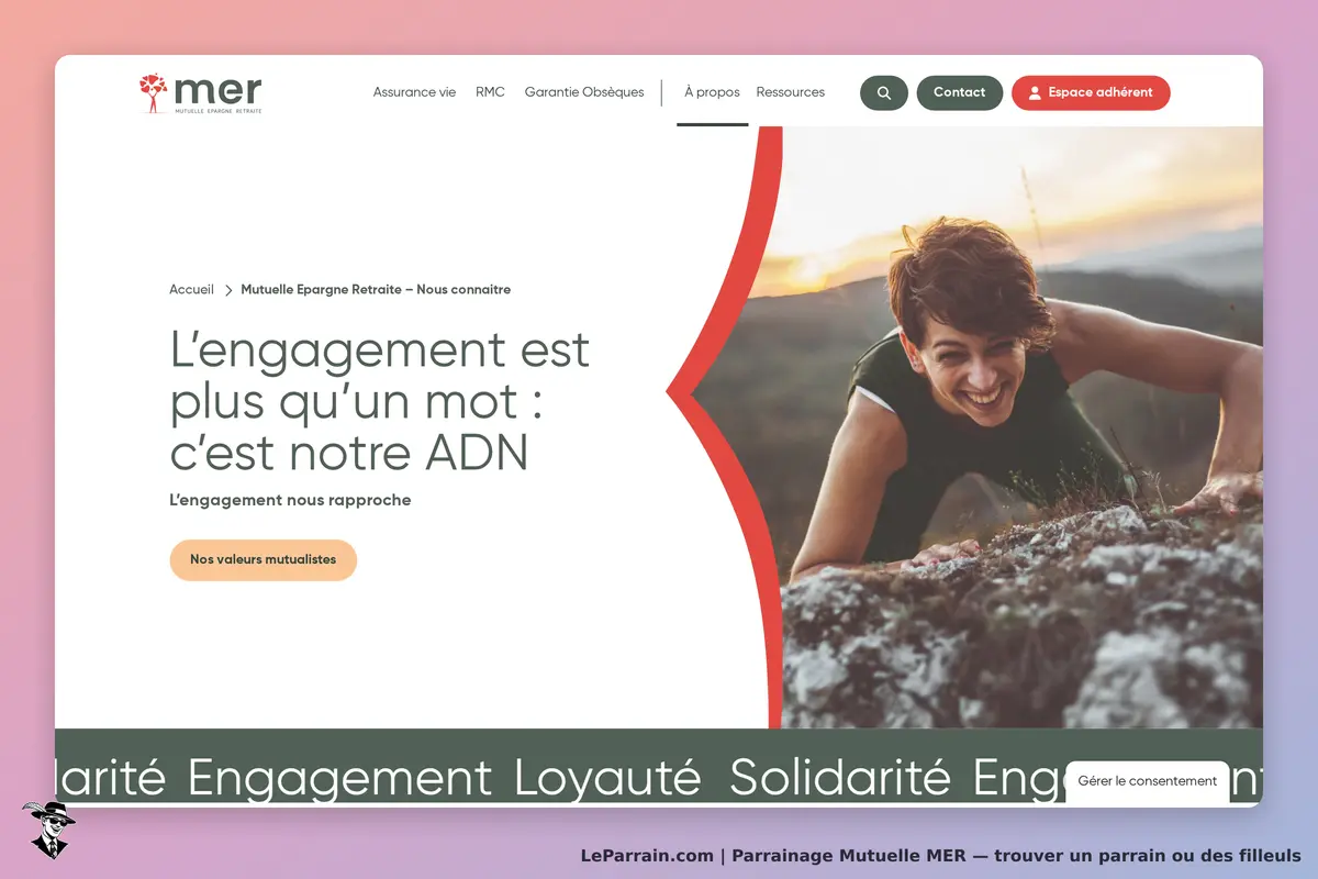 Mutuelle MER : page d'accueil avec slogan sur l'engagement et une image d'une personne souriante