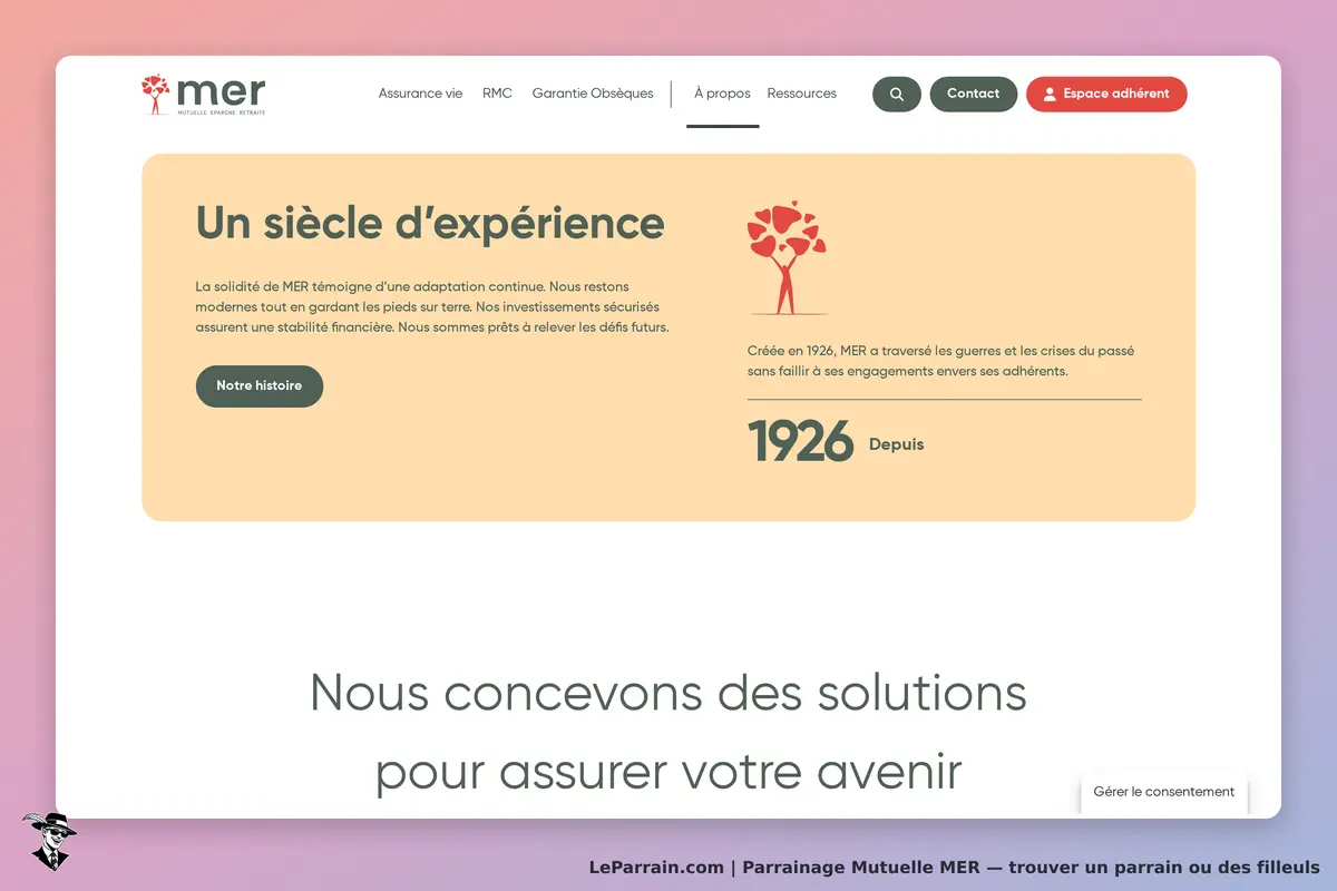 Mutuelle MER : section sur l'expérience et l'historique de l'organisation depuis 1926