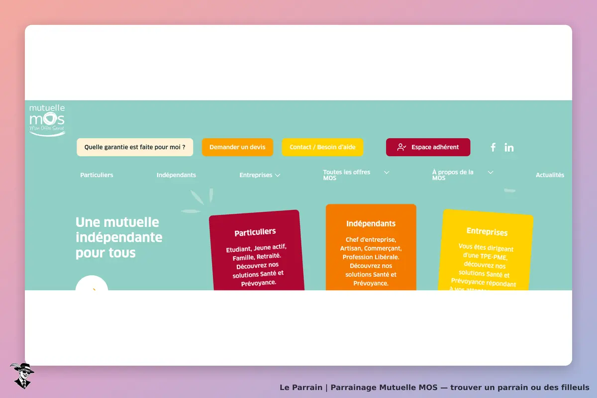 Mutuelle MOS : page d'accueil avec options pour particuliers, indépendants et entreprises