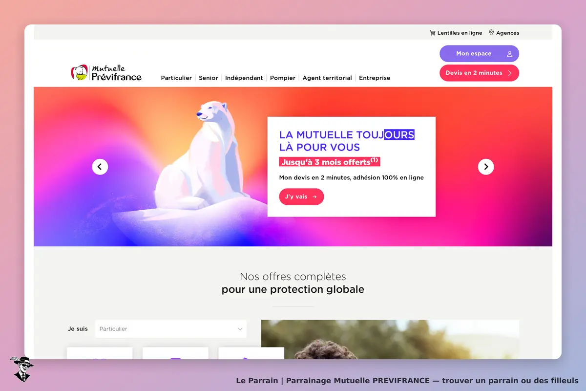 Mutuelle PREVIFRANCE : mutuelle Prévifrance : page d'accueil avec un ours polaire et des options de