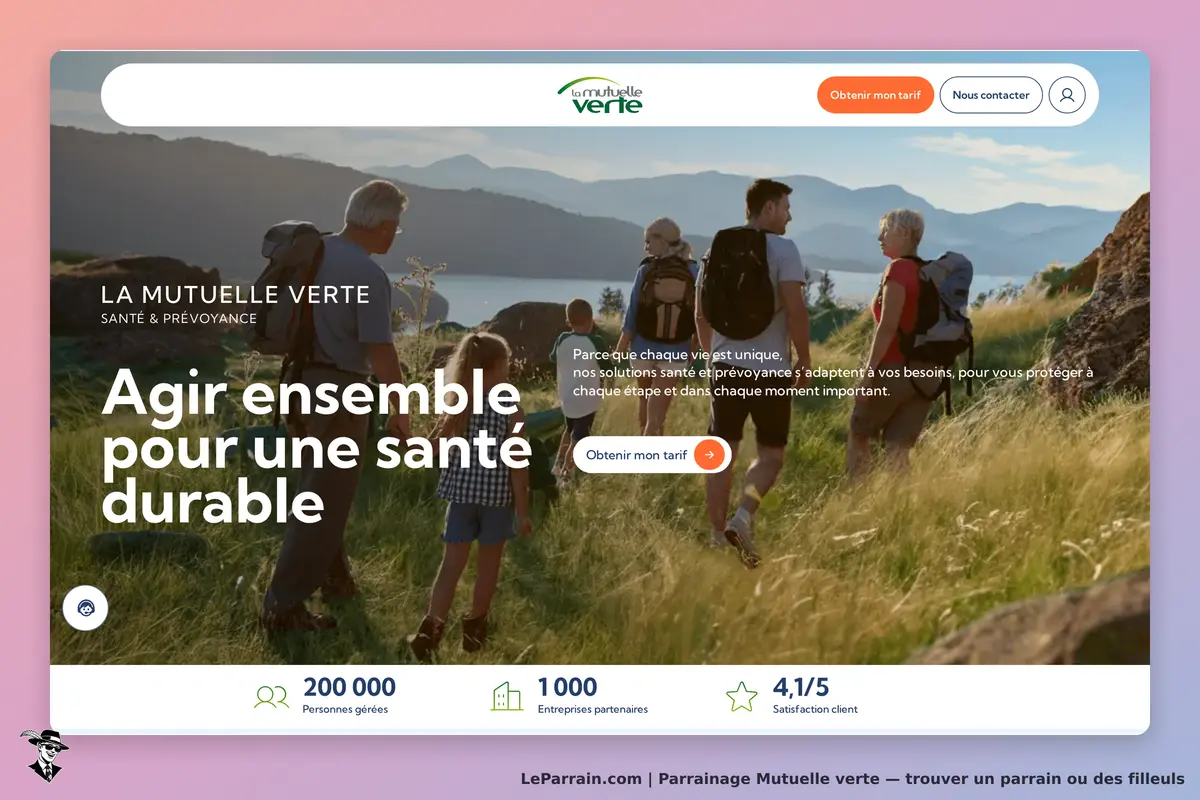 Mutuelle verte : page d'accueil avec un groupe de randonneurs en pleine nature et des informations