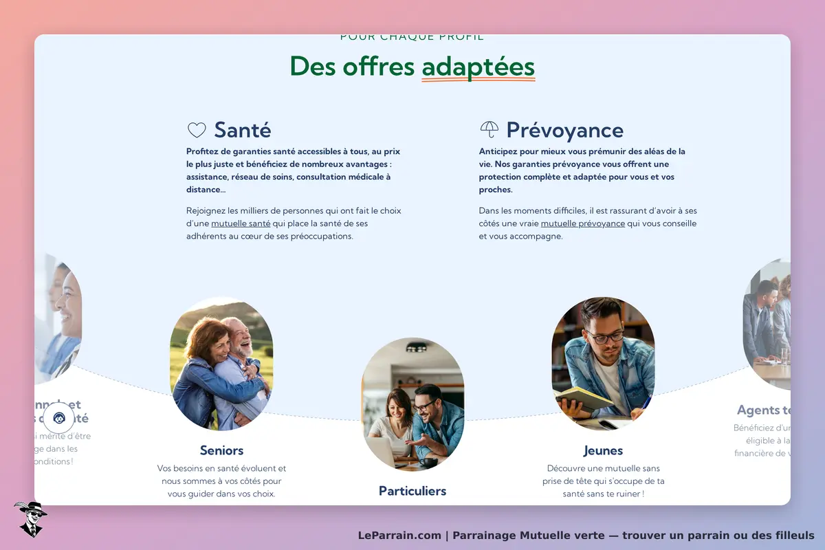 Mutuelle verte : page d'accueil avec sections sur santé et prévoyance, images de profils variés