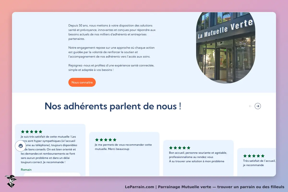Mutuelle verte : page d'accueil avec témoignages d'adhérents et photo de l'établissement