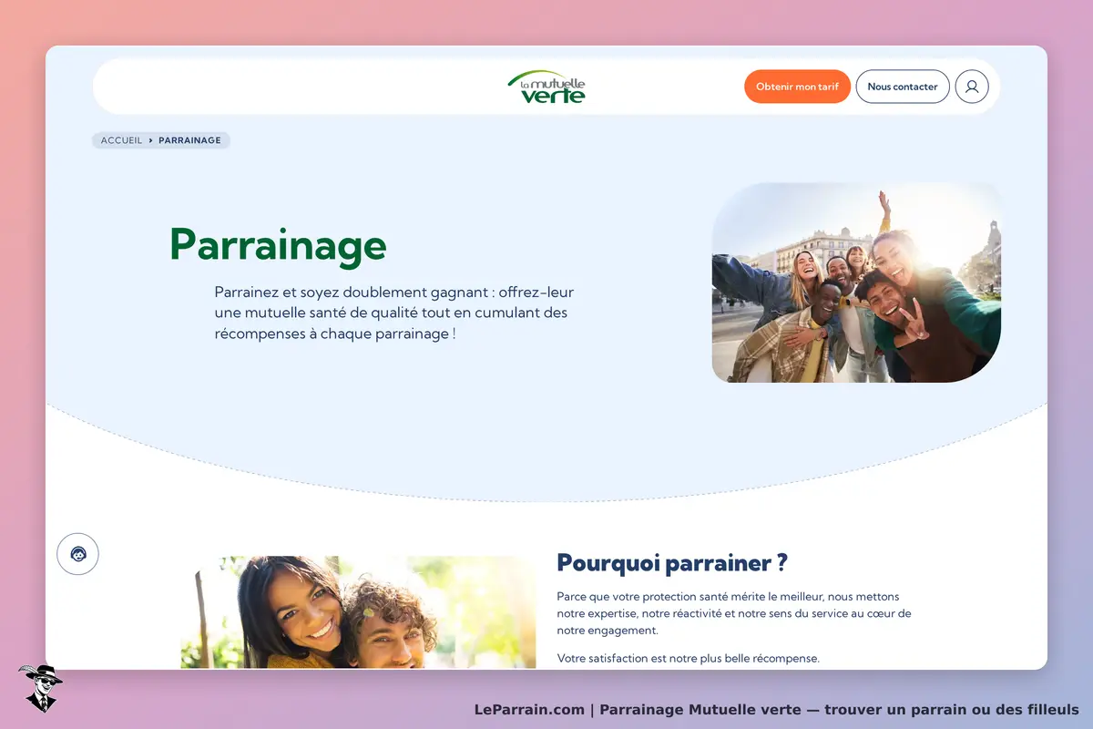 Mutuelle verte : page de parrainage avec texte explicatif et image de groupe souriant