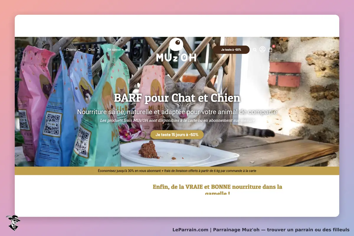 Muz'oh : page d'accueil avec sacs de nourriture pour animaux et un chat sur une table