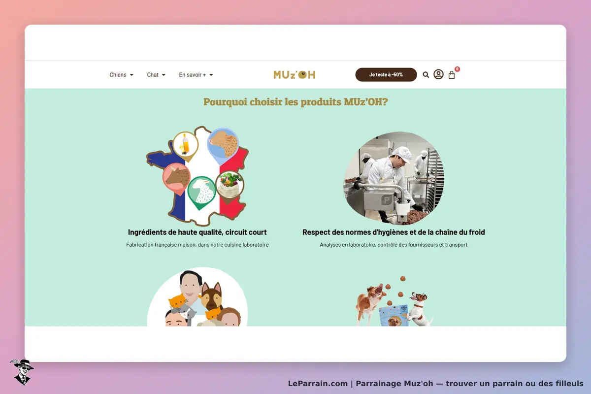 Muz'oh : page d'accueil avec éléments graphiques sur qualité et respect des normes alimentaires