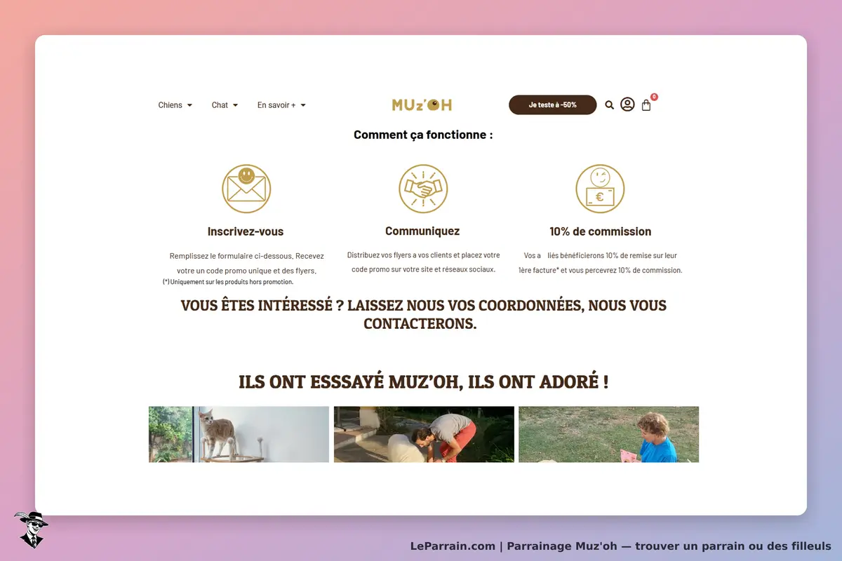Muz'oh : page d'accueil avec sections sur l'inscription et témoignages d'utilisateurs