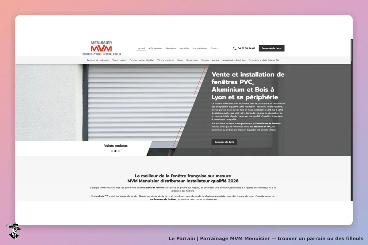 Accueil MVM Menuisier présentant la vente et l’installation de fenêtres à Lyon, avec un volet roulant en illustration.