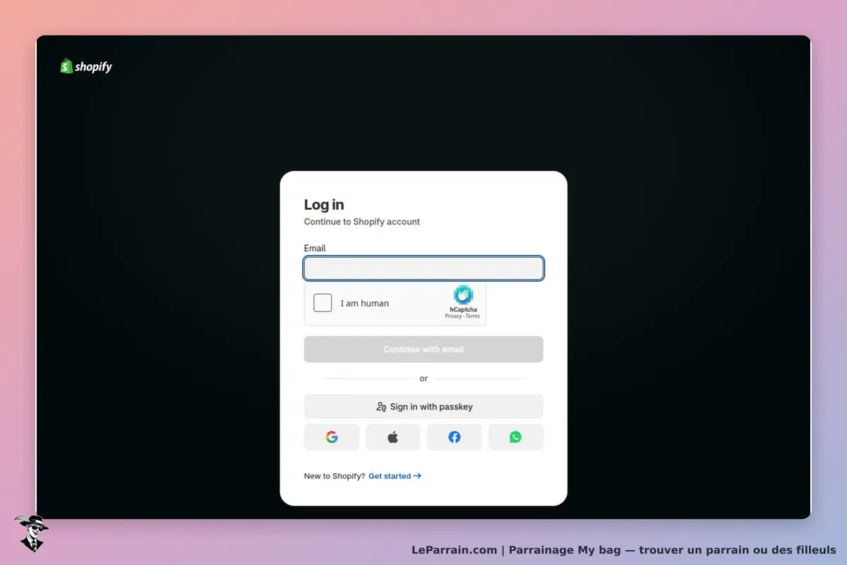 My bag : shopify : écran de connexion avec formulaire pour entrer un email et vérifier l'identité
