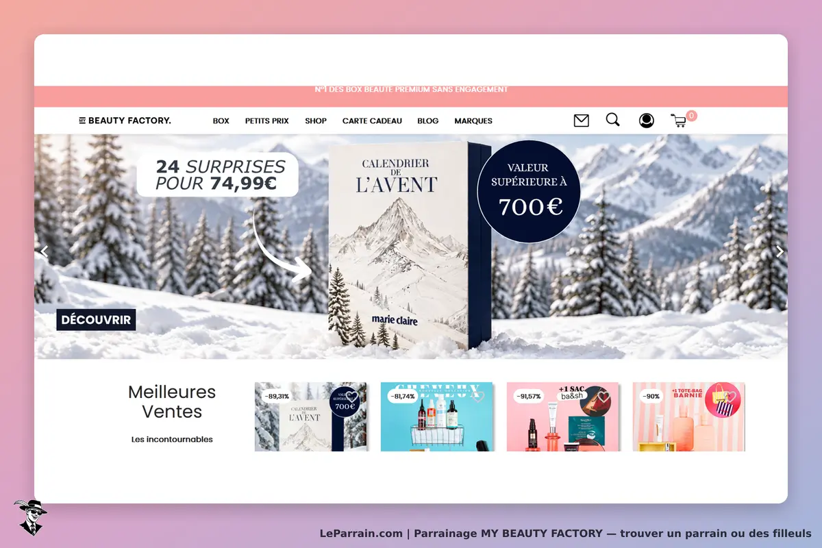 MY BEAUTY FACTORY : page d'accueil avec un calendrier de l'Avent en montagne et des produits en