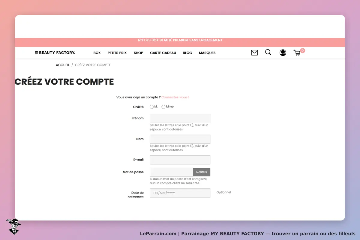 MY BEAUTY FACTORY : formulaire de création de compte avec champs à remplir et options de civilité