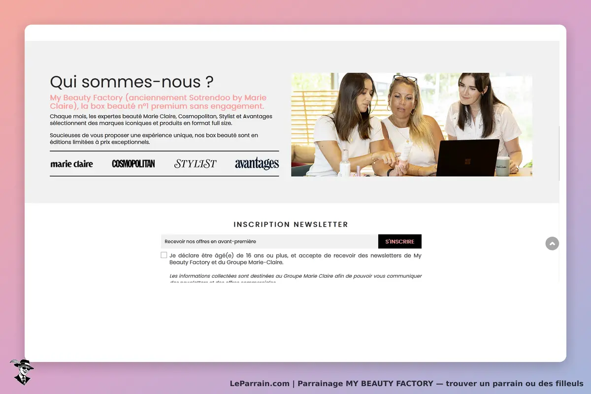 MY BEAUTY FACTORY : présentation de l'équipe et inscription à la newsletter sur la page d'accueil