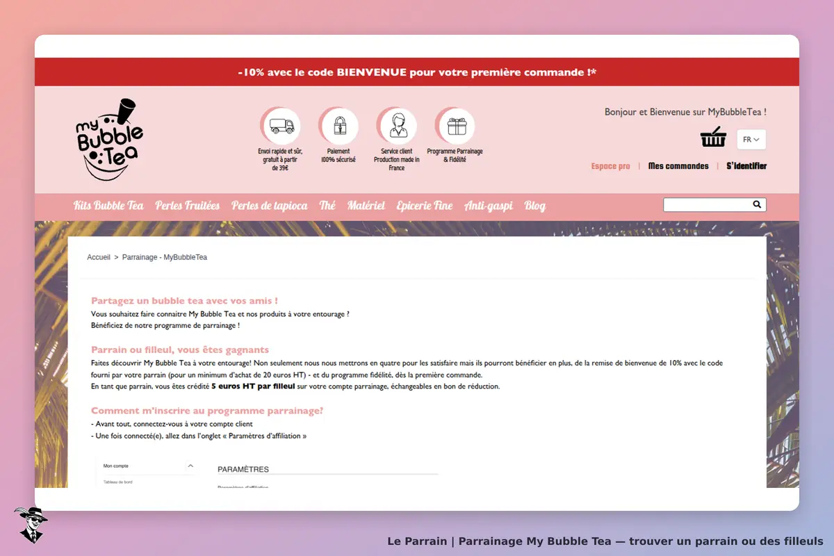 My Bubble Tea : page de parrainage avec texte explicatif et liens de navigation en haut