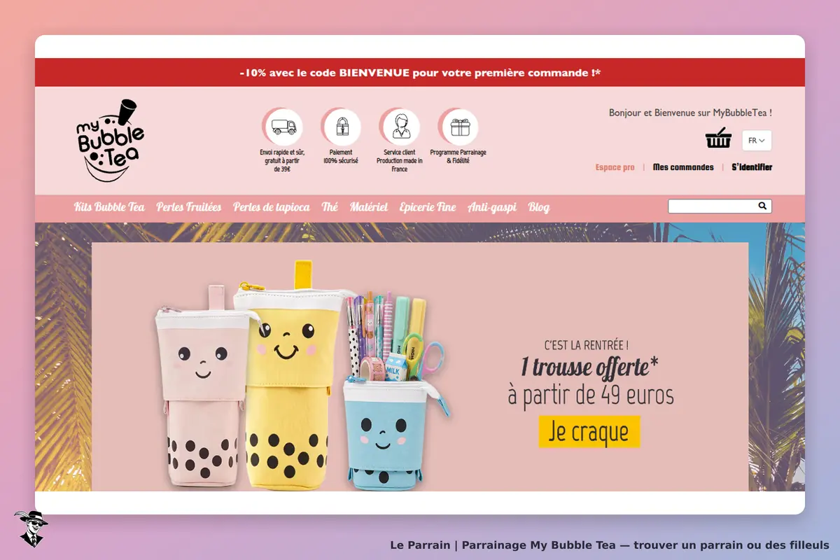 my Bubble Tea : page d'accueil avec trousses colorées et éléments de papeterie affichés