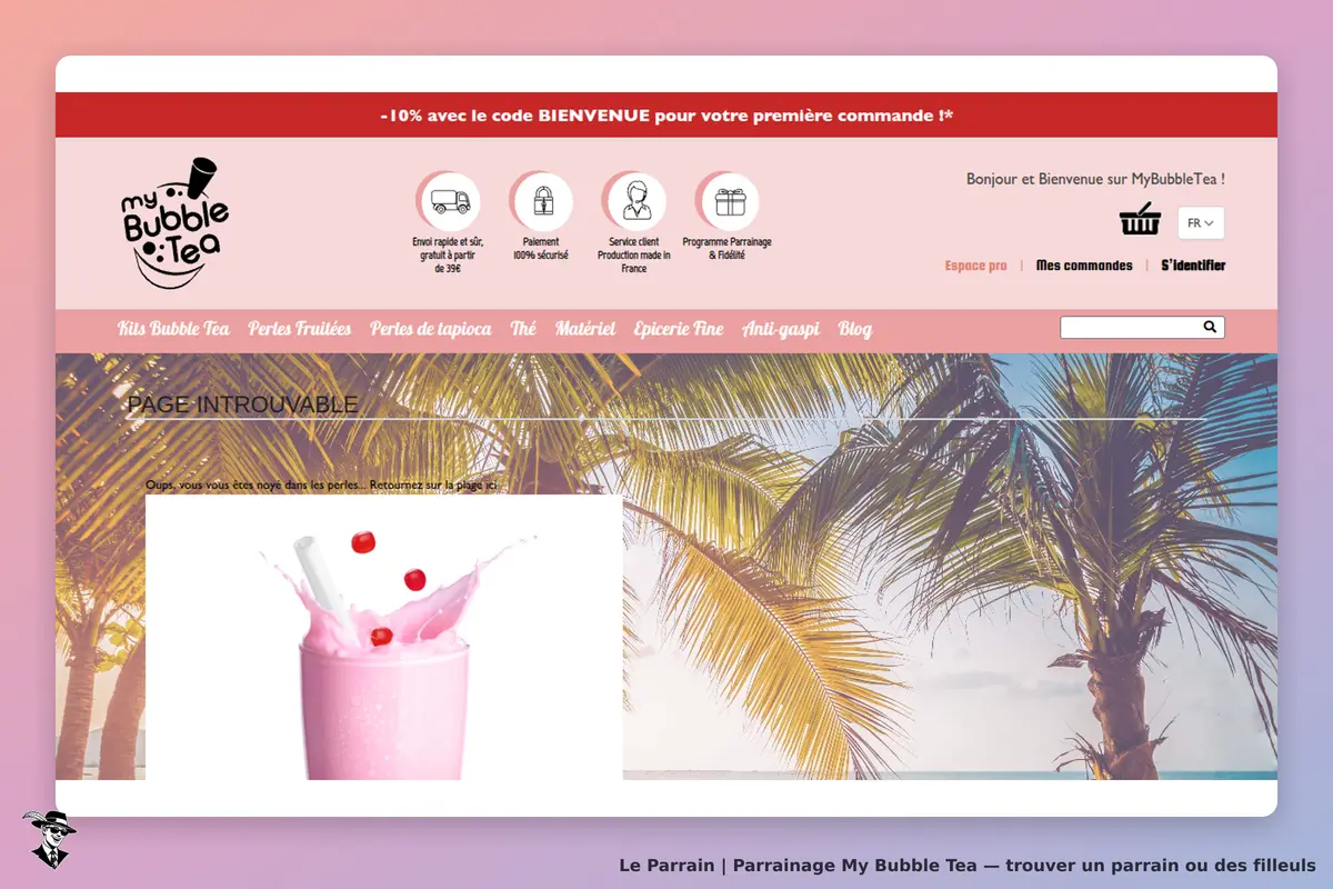 My Bubble Tea : page d'erreur avec une boisson rose et des cerises sur fond de palmiers