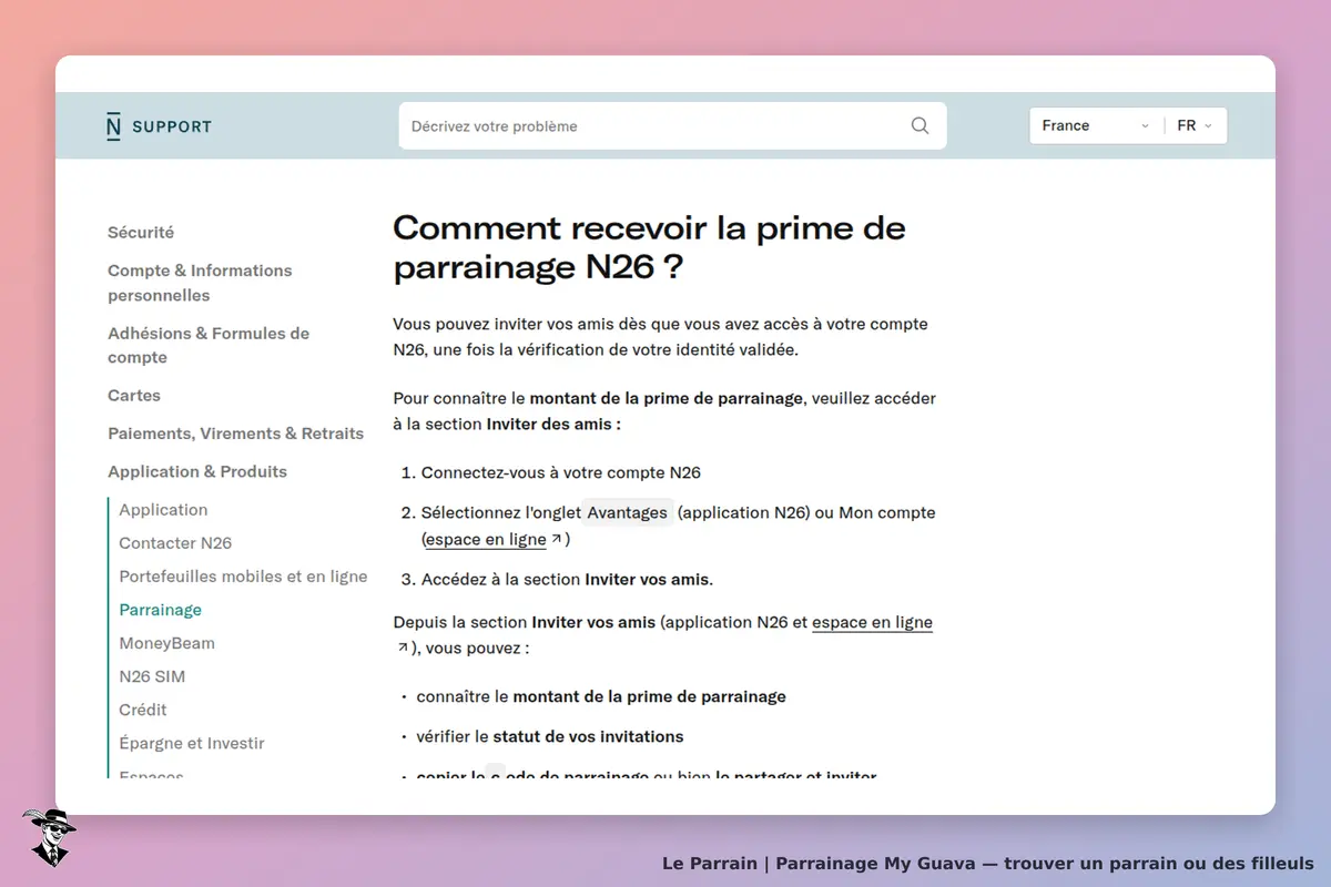 My Guava : page d'assistance sur le parrainage N26 avec étapes détaillées et options de menu