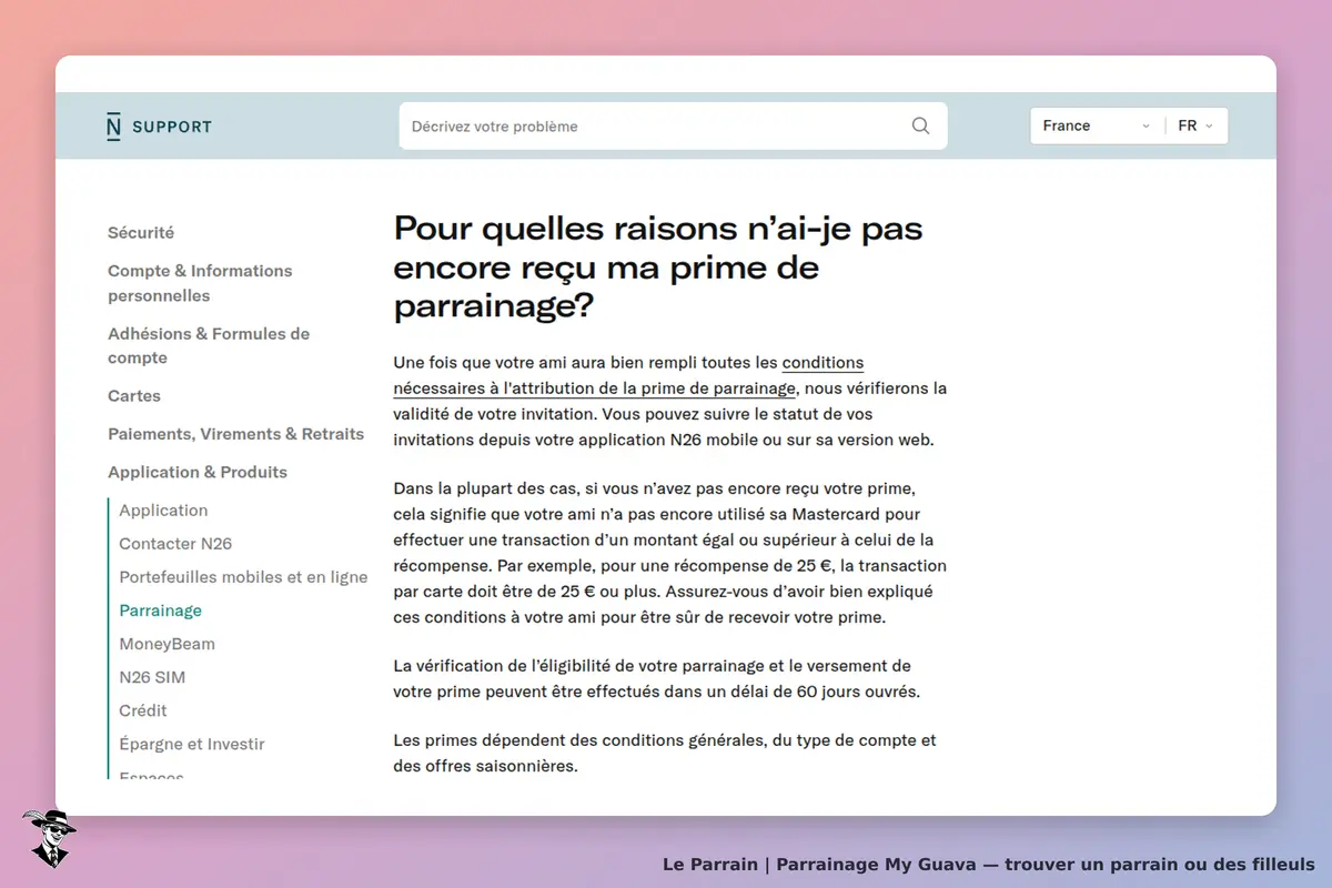 My Guava : page d'assistance avec question sur la prime de parrainage et options de navigation