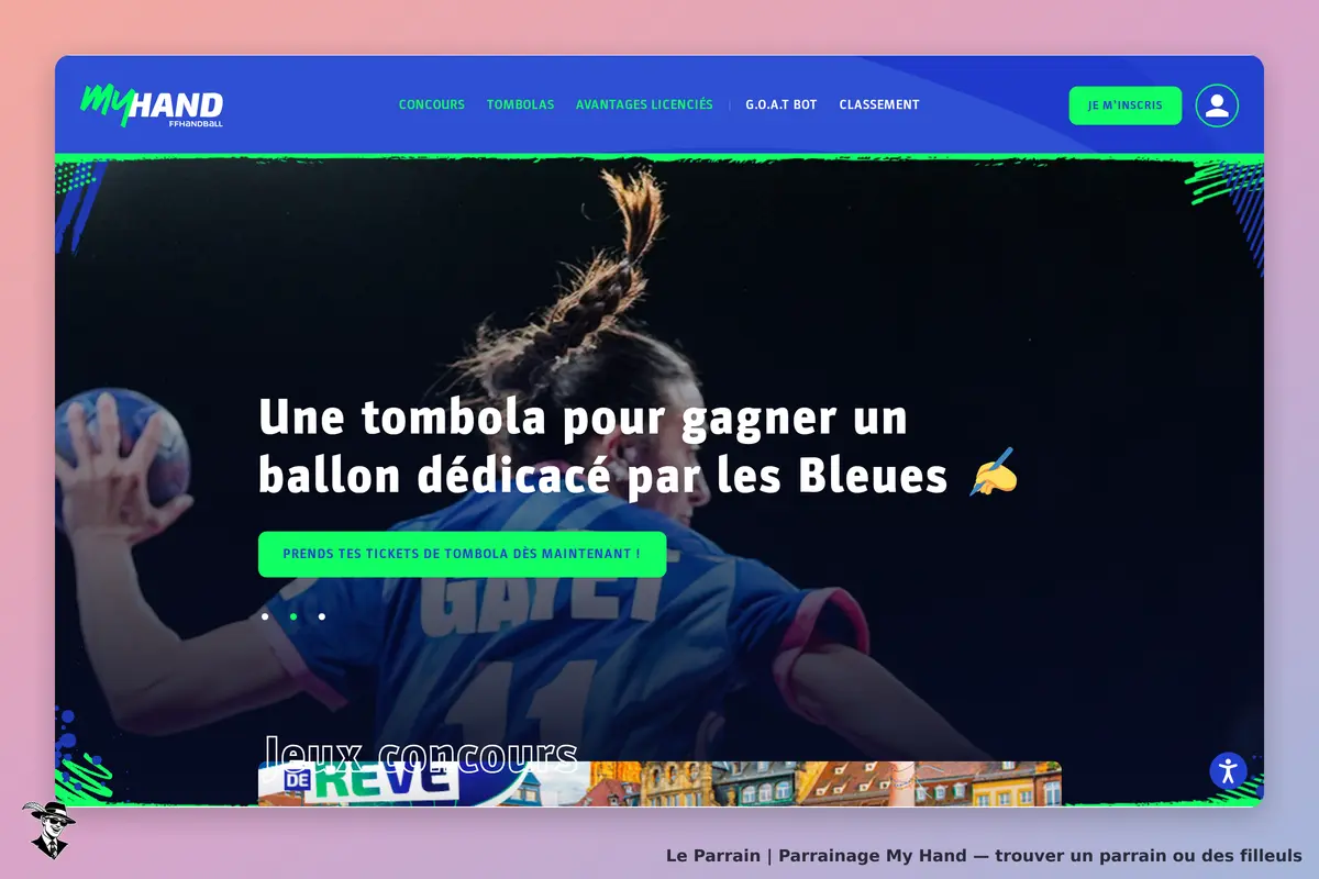 My Hand : page d'accueil avec une tombola et une joueuse de handball en action
