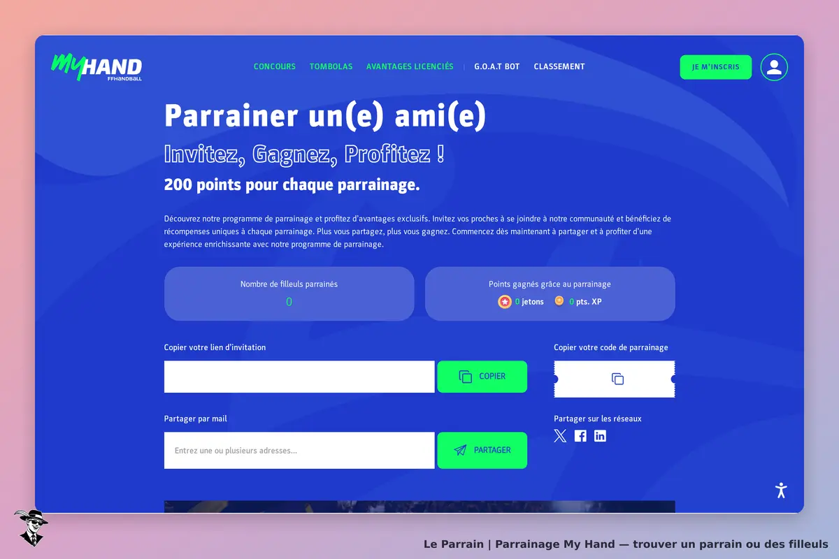 My Hand : page de parrainage avec formulaire et options de partage d'invitation