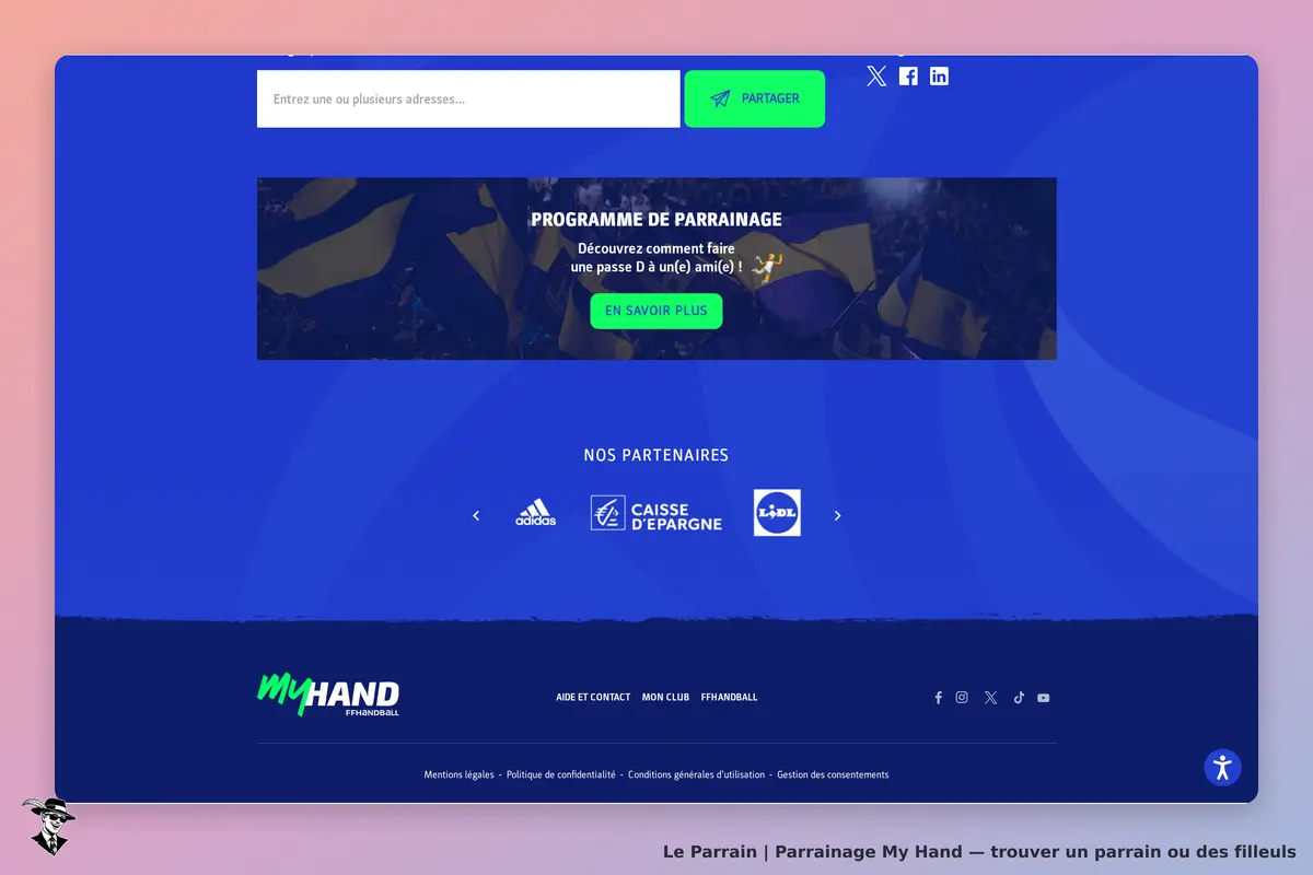 My Hand : page d'accueil avec formulaire, programme de parrainage et logos de partenaires