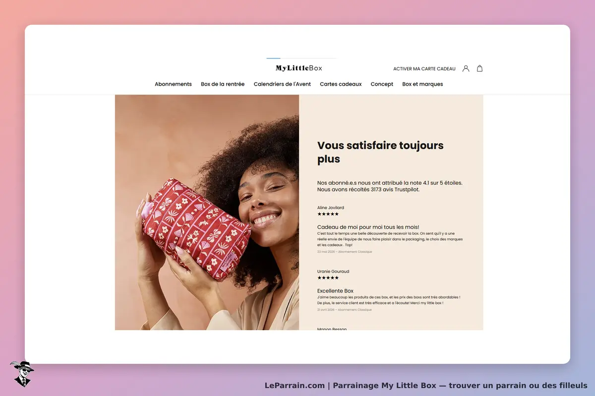 My Little Box : une femme souriante tient un sac à motifs floraux sur fond beige et texte d'avis