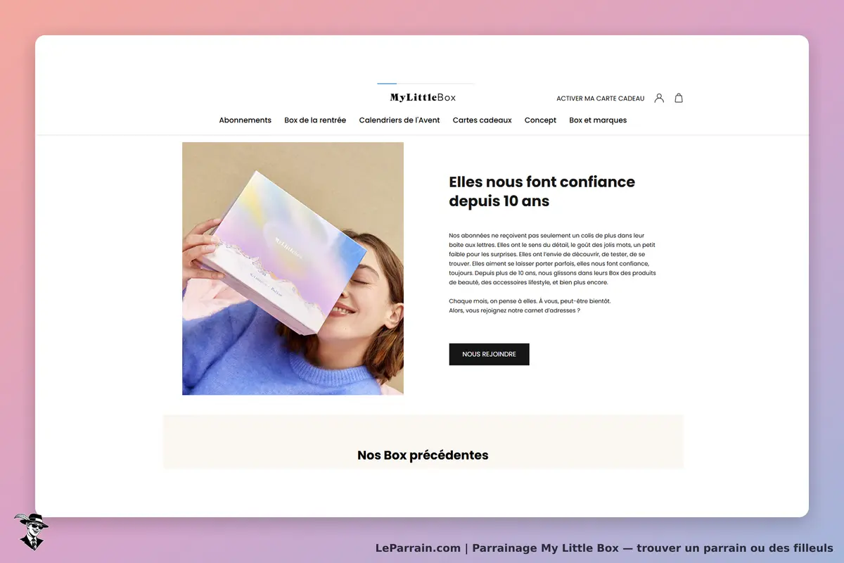 My Little Box : une femme souriante tient une box colorée, avec du texte sur la confiance des