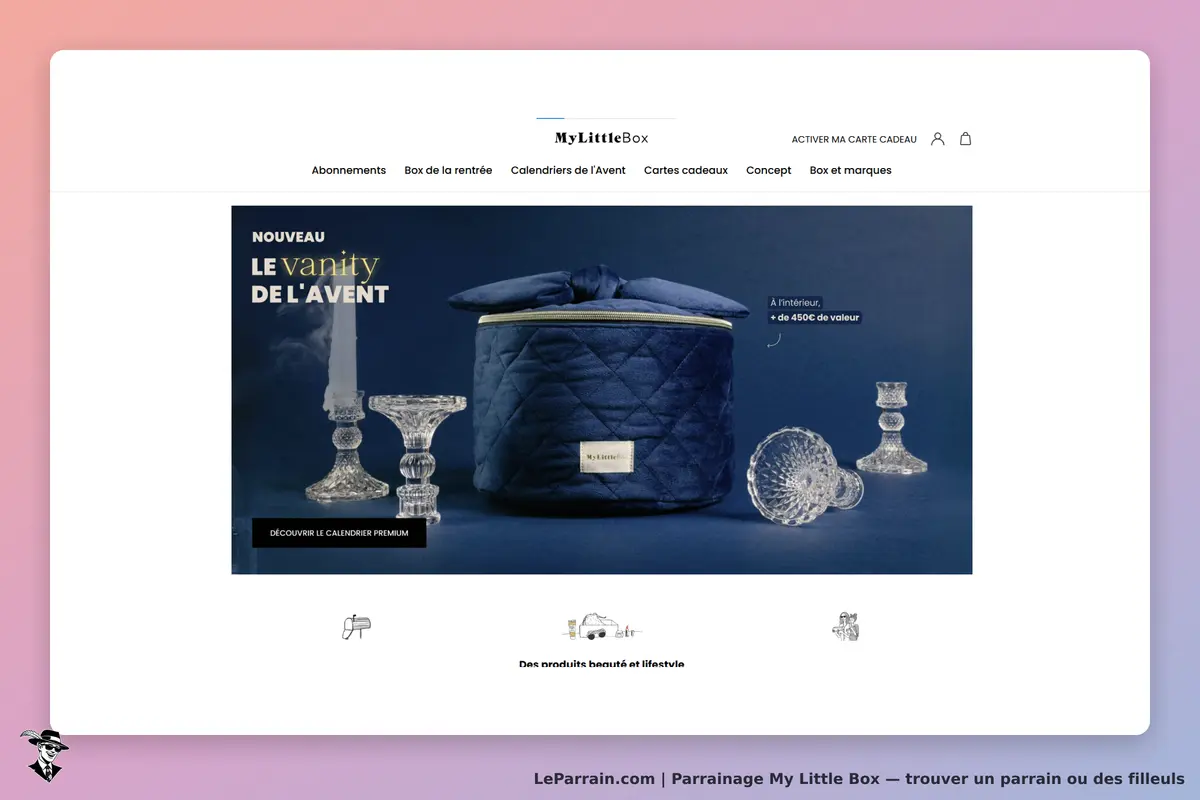 My Little Box : présentation d'un vanity bleu avec des objets décoratifs en cristal sur fond sombre