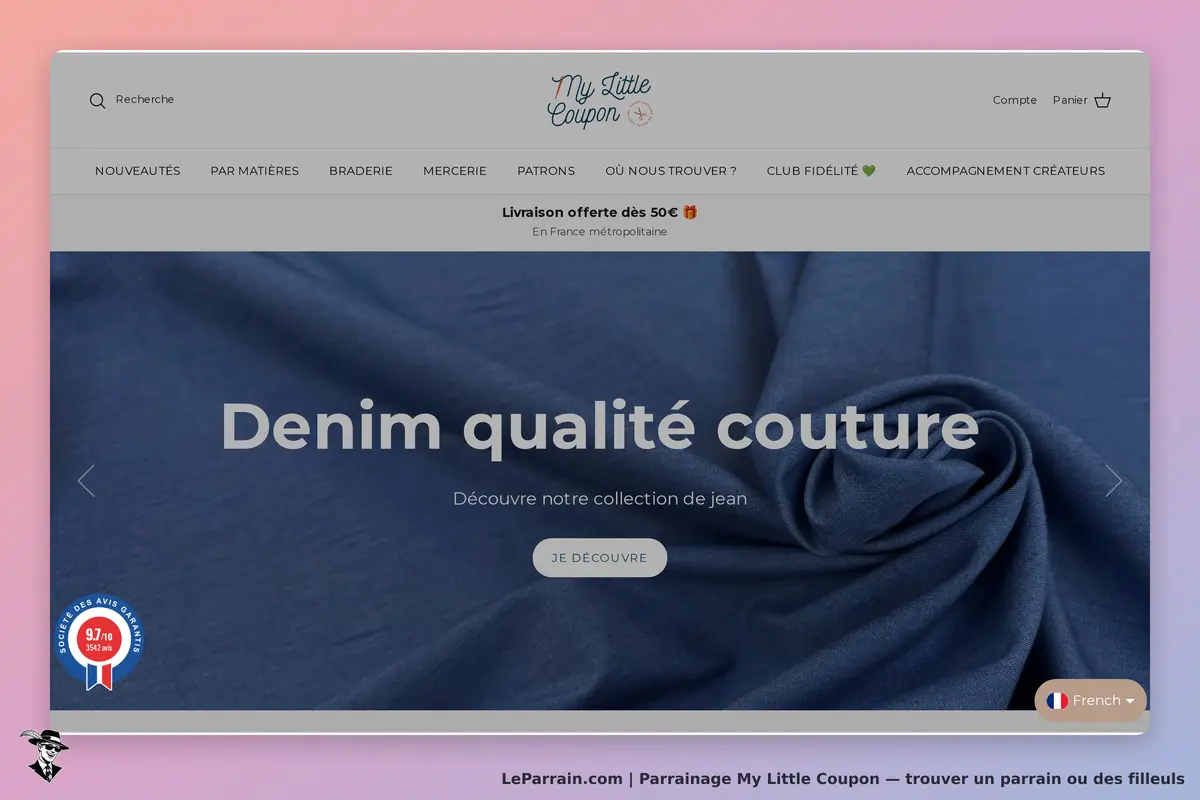 My Little Coupon : page d'accueil avec un tissu en denim et un bouton pour découvrir la collection