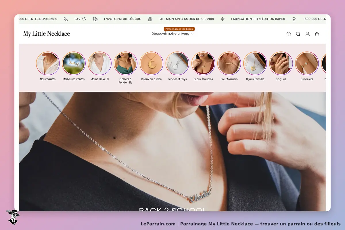 My Little Necklace : page d'accueil avec des bijoux et une femme portant un collier personnalisé