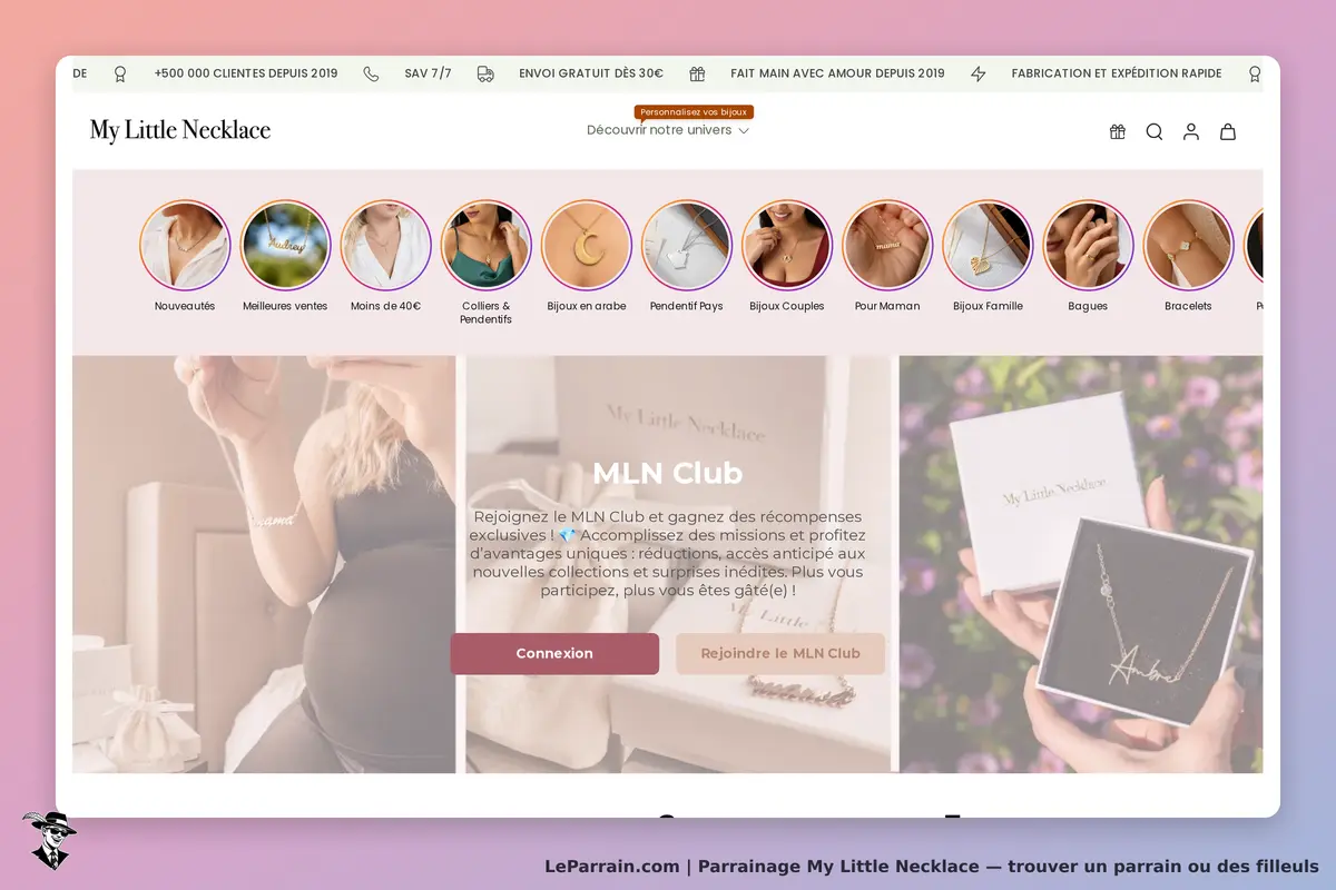 My Little Necklace : page d'accueil avec bijoux, options de navigation et section MLN Club