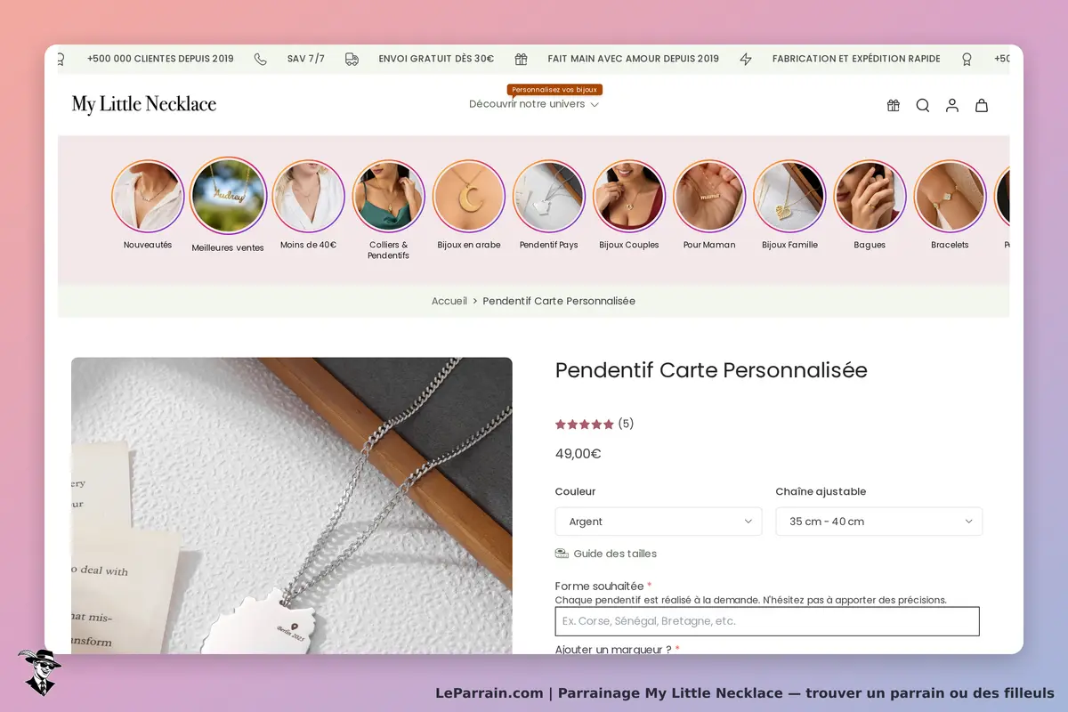 My Little Necklace : page produit présentant un pendentif carte personnalisée et ses options