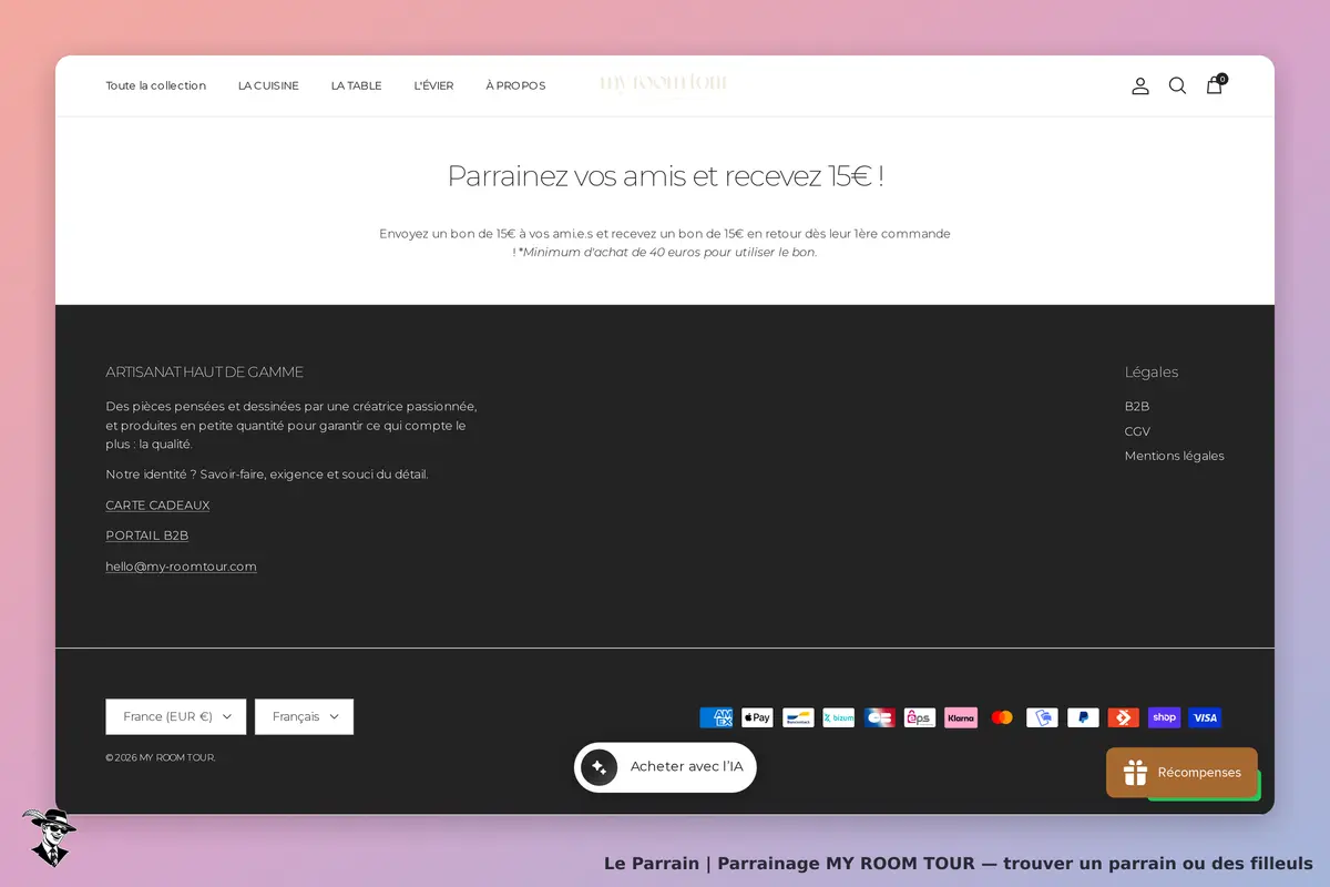 MY ROOM TOUR : page d'accueil avec proposition de parrainage et informations sur l'artisanat