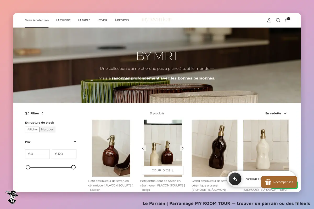 MY ROOM TOUR : page d'accueil avec produits en céramique et options de filtrage