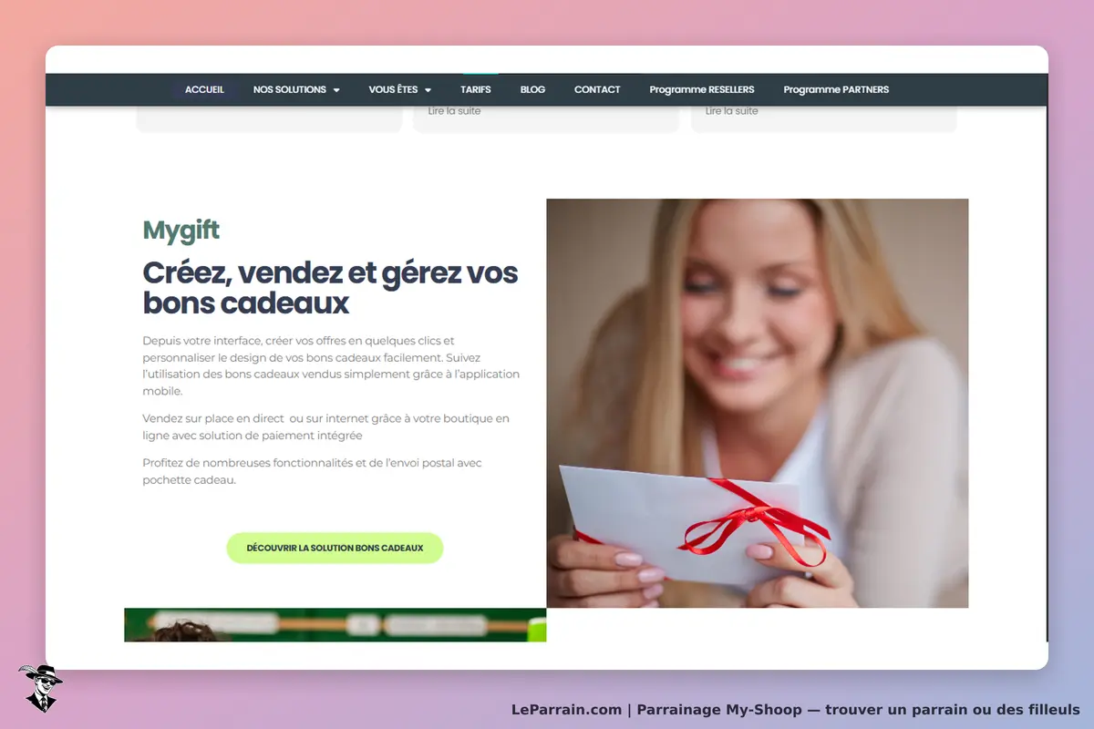 My-Shoop : page d'accueil présentant le service de création de bons cadeaux avec une femme