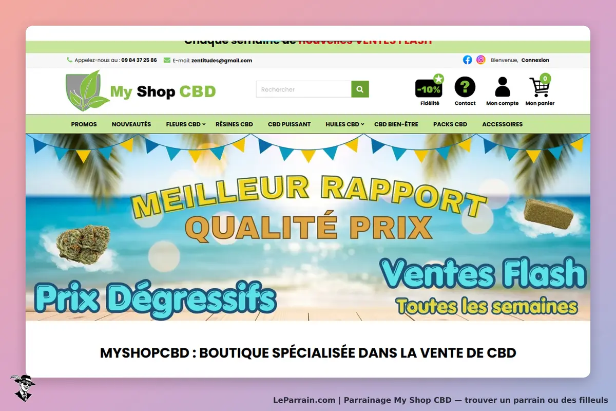 My Shop CBD : page d'accueil avec message sur qualité prix et visuel de produits CBD