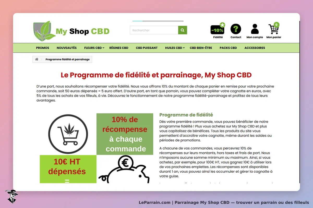 My Shop CBD : page présentant le programme de fidélité et de parrainage avec des explications