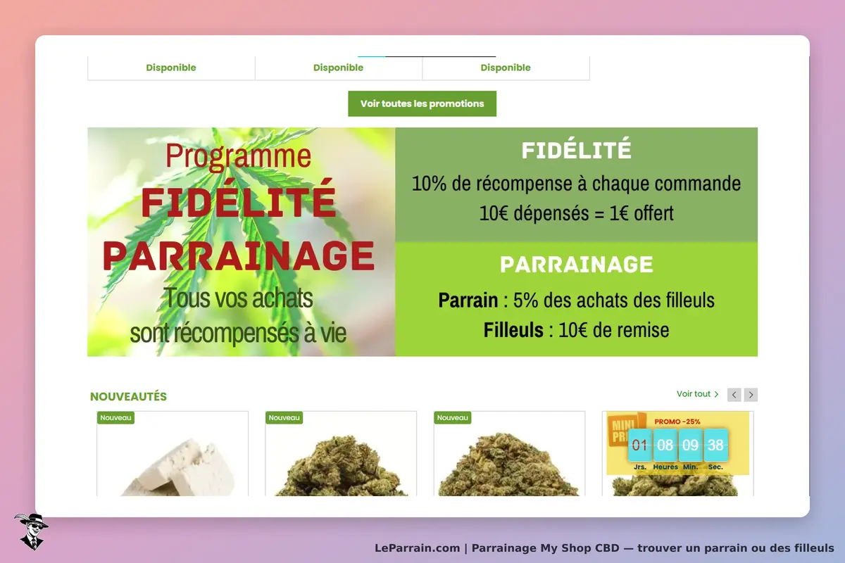 My Shop CBD : page d'accueil avec programme de fidélité et parrainage, produits en bas